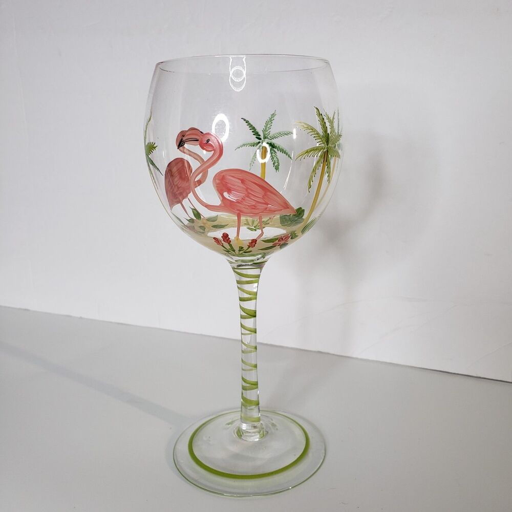 Hand Painted Pink Flamingo Tall Wine Glass Tropical Palm Tree Beach Decor